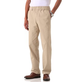 Soojun Men's Cotton Relaxed Fit Full Elastic Waist Twill Pants, Khaki, 34W x 32L