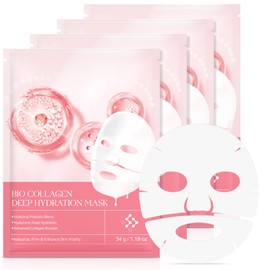 Organic Collagen Mask, Mask for Deep Hydration, Hyaluronic Acid Deep Hydration, Advanced Collagen Booster, Reduces Fine Lines and Wrinkles, Minimises Pores, 4 Pieces (Pink 4 Pieces)