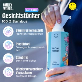 SmileyWorld Tissues - Cylinder Box - 100% Bamboo - Plastic-Free - 3-Ply - Sustainable Tissues - Compact Size for Car, School, Backpack, Home & Travel - Set of 4 Cylinders