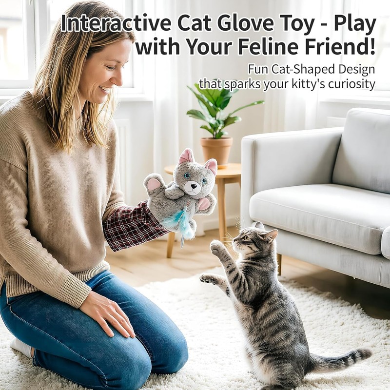Cat Wrestling Glove, Interactive Hand Mitt Toy with Interchangeable Feather