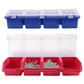 BangBoom 2 Pack Plastic Screw Organizer Box, 4 Compartments Bolt Bin with Lid, Stackable Hardware Storage Case for Garage Organization Parts Nail Workbench (Blue, Red) (2)