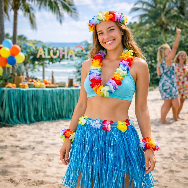 4 Set Falda Pulseras Collar Diadema Hawaiano Disfraz Fiesta