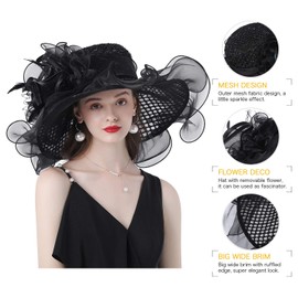 TLMNU Women Derby Church Hat Organza Flower Wedding Tea Party Fascinator Hat Wide Brim Sun Hat F1-Black Hole