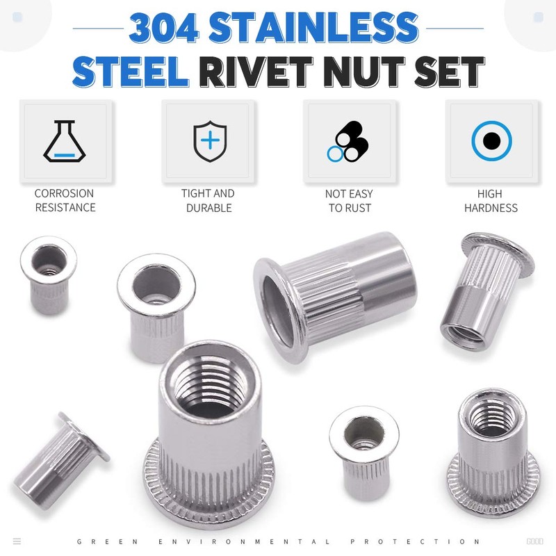 Glarks 180Pcs 304 Stainless Steel Flat Head Threaded Rivetnut Insert