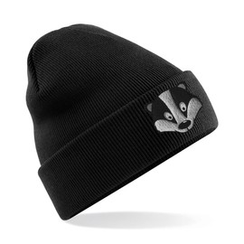 Badger Face Cute Animal Embroidered Beanie Hat Logo Men's - Black