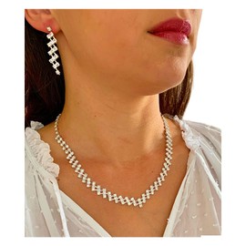 ONDEGO® 2er Set SILBER Strass Schmuck Kette Schmuckset Armband Hochzeit Collier Halskette Brautschmuck Kommunion Ball Abiball