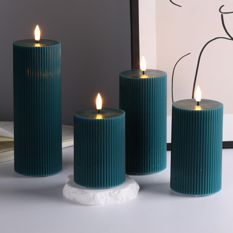 Girimax Teal Flat Top Ribbed Flameless Pillar Candles with Remote,
