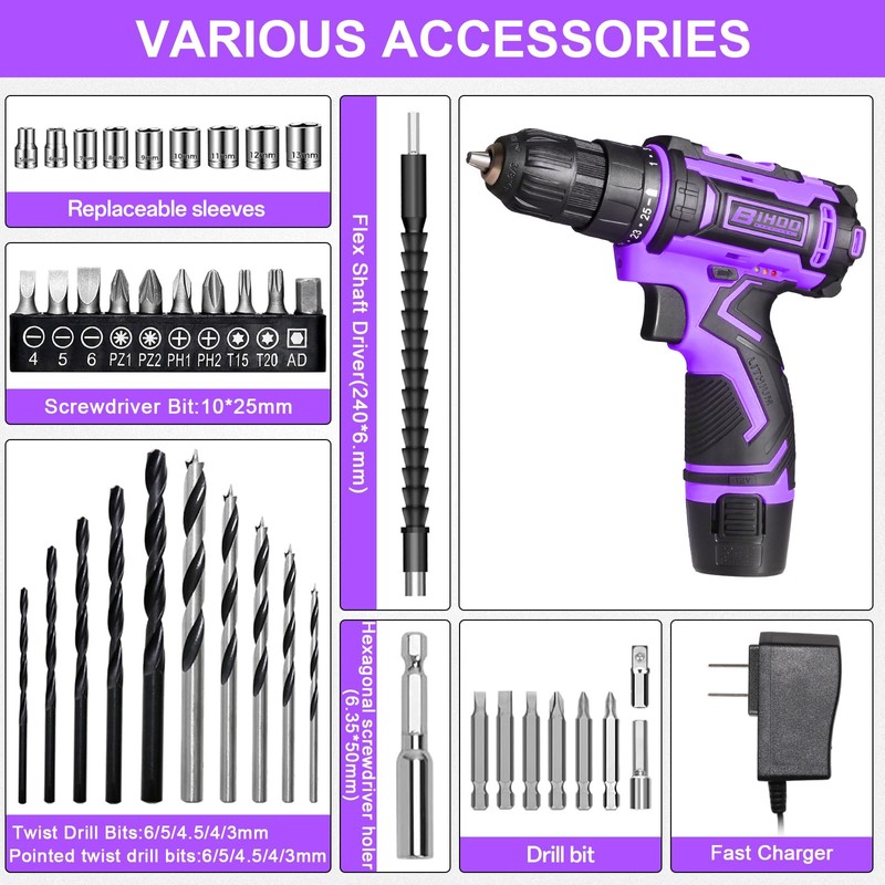 Purple 12V Cordless Drill,Electric Power Driver Kit,3/8-Inch Keyless Chuck, Variable