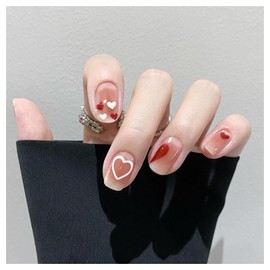 Crymystal Square Press on Nails Pink Gradient French Medium Full Cover Fake Nails Sequins Design Artificial Acrylic Glossy Heart False Nails for Women DIY Autumn And Winter Nail Decorations 24PCS