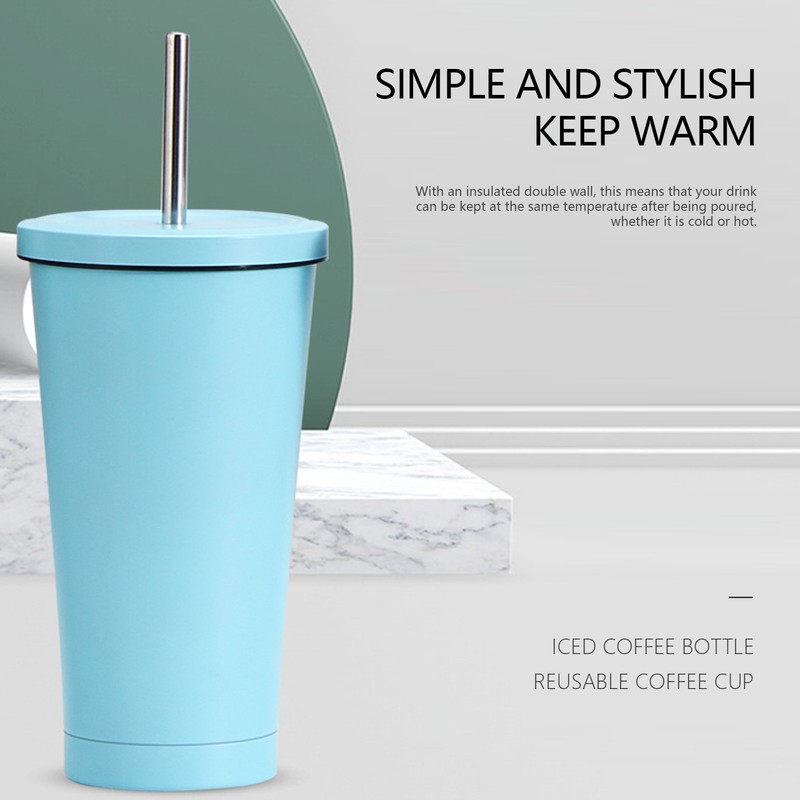 500ML Small Vacuum Coffee Cup Iced Coffee Bottle with Straw
