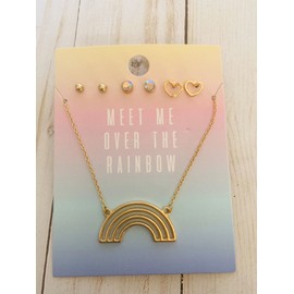Unbranded Rainbow Necklace 3 Pierced Earring Set Gift Girl Teen Gold Tone