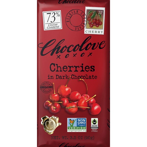 Chocolove Cherries in Organic Dark Chocolate, 73% Cacao | 12 Pack | Non GMO, Rainforest Alliance Certified Cacao | 3.2oz Bar