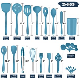 E-far Silicone Cooking Utensils Set, 25 Piece Kitchen Utensils with Holder, Non Toxic Kitchen Tools Spatula, Turner, Spoon, Ladle for Nonstick Cookware, Heat Resistant & Dishwasher Safe - Blue