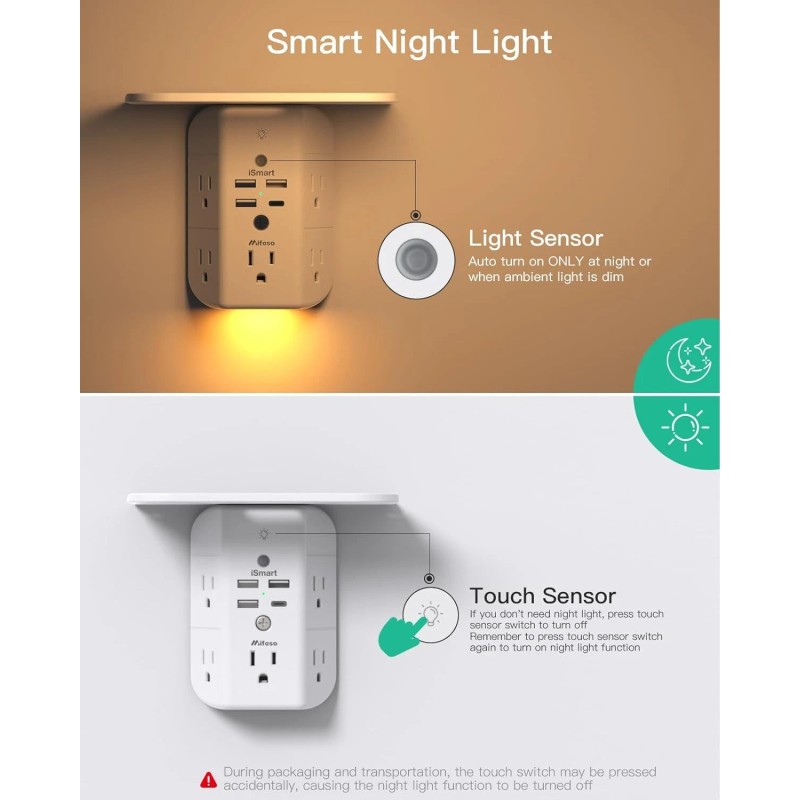 Mifaso Wall Outlet Extender with Shelf and Night Light,Surge Protector