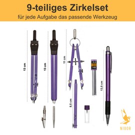 NIBOR Premium Compass Set in Beautiful Colours, Durable, 9-Piece Geometry Set, Suitable for Creating Precision, Purple