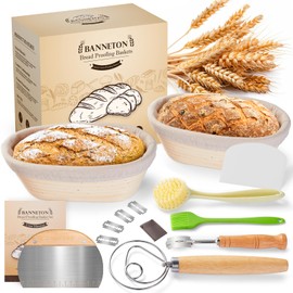 Banneton Bread Proofing Basket - Sourdough Starter Kit Banneton Sourdough Proofing Basket Set of 2, Sourdough Bread Baking Supplies for Making Baking Fermentation (10" Oval Set of 2, 6 Accessories)