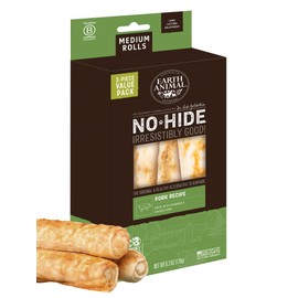 Earth Animal No-Hide Rolls Pork Recipe Medium Natural Rawhide Alternative Dog Chews | 3 Count Pack of 1