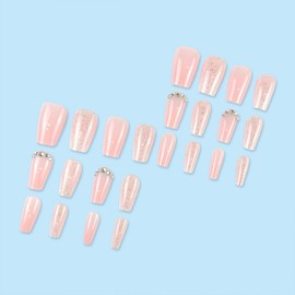 Cute Pink Press on Nails Medium Glossy Fake Nails Coffin Shaped Acrylic False Nails with Rhinestone Glitter Designs Full Cover Reusable Artificial Stick on Nails Holiday DIY for Women 24 Pcs