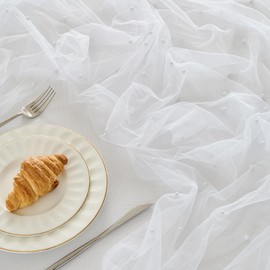 Fanami 1 Pack Pearl Table Runner -10FT Ivory White Boho Tulle Table Runners 120 Inches Long Rustic Sheer Lace Fabric Centerpieces for Wedding Arch Birthday Party Bridal Veil Baby Shower Decorations