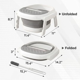 Collapsible Foot Bath Tub with Long Handle Foot Brush, Foldable Foot Soaking Tub with Insulated Lid & Sturdy Support Frame, Pedicure Foot Spa Basin for Men Women Home Travel (Gray)