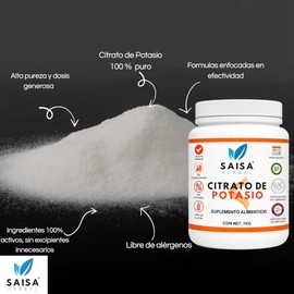 Citrato de Potasio Puro 1 kg | Grado Alimenticio | Saisa Herbal | Electrolito Natural | Apoyo Renal, Muscular y Alcalinizante