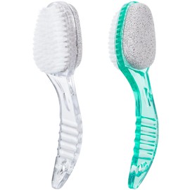 2 Pcs Foot Bristle Brush and Pumice Stone with Handle 2 in 1, Ooloveminso Large Foot Scrubber Calluses Remove Suitable for Horniness Foot Spa, Foot Care Smooth Skin (Green and Transparent)