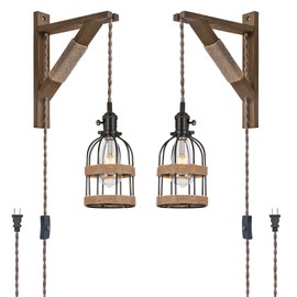 SEEBLEN Rustic Plug in Pendant Lights Set of 2,Farmhouse Wooden Wall Sconces with 6.5ft Braided Cord & On/Off Switch,Industrial Hanging Lamps for Bedroom, Reading,Kitchen, Entryway