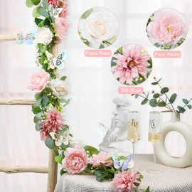 HOMENERGY 2 Pack 5.9 FT Artificial Flower Garland with Butterflies Fake Rose Garland Faux Greenery Eucalyptus Garlands for Wedding Table Backdrop Arch Centerpieces Decorations - Dusty Pink