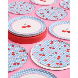 xo, Fetti Cherry Blue Gingham Paper Plates | 24 pcs 9" | Ma Cherie Baby Shower, Cherry on Top Bachelorette Decorations, Birthday Decor, Kids Picnic Tablescape