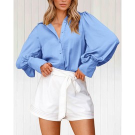 BTFBM Women Satin Button Down Shirts Summer Fall Lantern Long Sleeve Lapel V Neck Blouse Loose Casual Office Work Tops(Solid Blue, Medium)