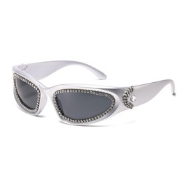 LJCZKA Y2K Wrap Around Rhinestone Sunglasses for Men Women Trendy Diamond Oval Sun Glasses Vintage Bling Punk Shield Shades UV400 Protection (Silver Grey)