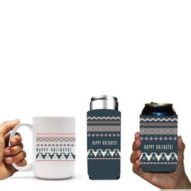 VictoryStore Gift Pack: Happy Holiday Christmas Sweater Theme Mug & Can Cooler Gift Pack (13713), 15 Ounce Mug, 1 Standard and 1 Slim Can Cooler