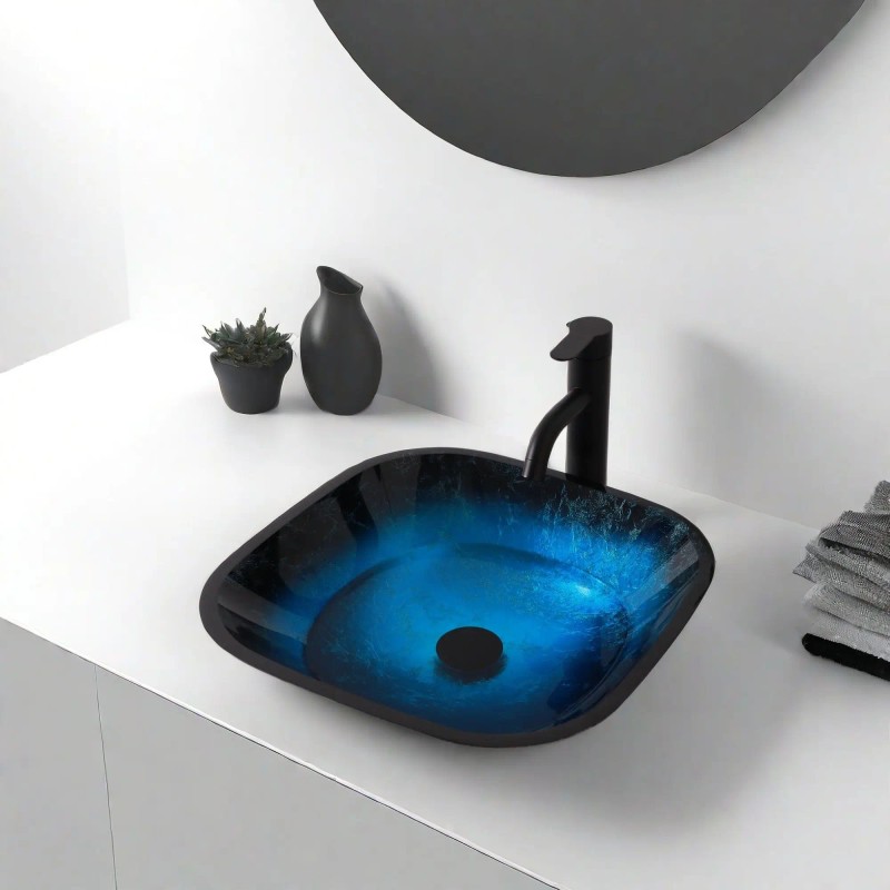 Blue Artistic Tempered Glass Vessel Sink With Faucet And Pop