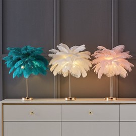LINCWONZ Ostrich Feather Lamp Pink Talbe Lamps for Girls Bedroom Funky Unique Cute Bed Side Nightstand Gold Desk Light