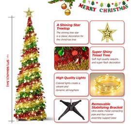 5FT Pop Up Christmas Tree with LED Lights and Tree Topper- Collapsible Artificial Tinsel Pencil Christmas Tree, Skinny Xmas Tree for Indoor Home Apartment Porch Holiday Party Decorations(Circle)