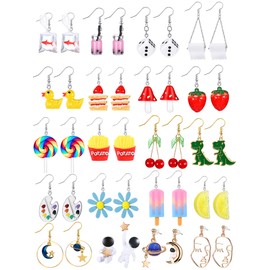 Hicarer 20 Pairs Cute Weird Earrings Funny Dangle Drop Earrings for Women Include Gummy Candy Bear Milk Goldfish Cartoon Fruits Flowers Animals for Christmas Birthday(Funny Style)