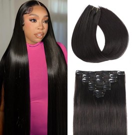 Clip in Hair Extensions Real Human Hair, 7Pcs 16 Inch Double Weft Seamless Invisible Human Hair Clip in Extensions, 85g Natural Black Straight Human Hair Extensions 100% Brazilian Remy Human Hair