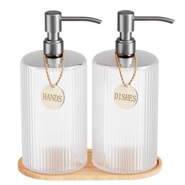 Glass Dish Soap Dispenser Set for Kitchen Sink,18Oz Hand Soap Dispenser for Bathroom with Wood Tray & Silver Stainless Steel Pump,Vertical Stripe Design