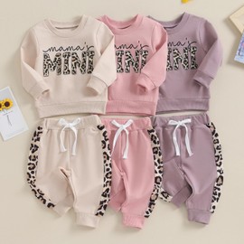 YILEEGOO Baby Girl Casual Fall Winter 2pcs Clothes Set Toddler Outfit Letters Graphic Long Sleeve Crewneck Sweatshirts + Joggers Pants Set (Khaki, 12-18 Months)