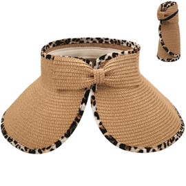 KORADI Women’s Sun Hats Straw Visor Wide Brim Beach Hat Foldable Summer Roll-Up Open Top Cap Flap Cover Cap UV UPF 50 Khaki