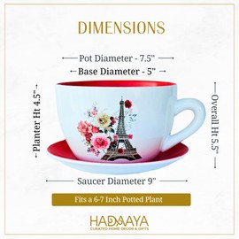 hadaaya 7.5” Red-Paris Eiffel Tower Ceramic Teacup Planter with Saucer – Indoor & Outdoor Succulent Pot, Holiday Decor, Festive Flower Pot. RED - Paris Floral Eiffel Tower