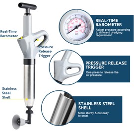 Toilet Plunger Set, Drain Clog Remover Tools High Pressure Air Drain Blaster with Visual Barometer, Stainless Steel Toilet Unclogger Toilet Snake for Bathroom, Sink, Kitchen, Clogged Pipe