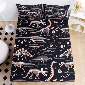 URLINENS Dinosaur Fitted Sheet Queen Size, Wildlife Dinosaur Sheet Set for Kids Boys Girls Teens Fun Bed Sheet, Jurassic Evolution Dino Bones Bedding Set 3 Piece 1 Fitted Sheet and 2 Pillowcase