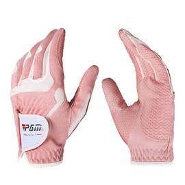 Guantes de golf para mujer, un par (4 opciones de color), sistema de agarre mejorado PGM, frescos y cómodos, Rosado/Blanco, Large