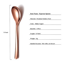 Copper Demitasse Espresso Spoons, 5.5'' Mini Coffee Spoons, Stainless Steel Small Spoons,Tea Spoons for Dessert, Set of 6, Dishwasher Safe
