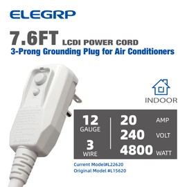 ELEGRP L22620 12AWG Gray LCDI Power Cord Plug for A/C Air Conditioner, E250451 UL Certified, 7.6FT Leakage Current Detection Interrupter Replacement, 240VAC 20Amp 4800W 60Hz NEMA 6-20P (1 Pack)