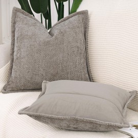 Madizz Set of 2 Chenille Velvet Cushion Covers with Flange Soft Boho Textured Throw Pillow Covers Broadside Pillowcases Modern Farmhouse Home Decor for Sofa Bedroom Taupe 18x18 inch, 45x45 cm