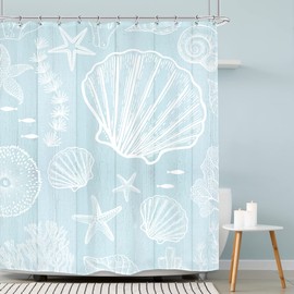 AMBZEK Starfish Seashell Shower Curtain 60Wx72L Inch Nautical Beach Coastal Farmhouse Wooden Plank Ocean Vintage Rustic Artwork Cloth Fabric Waterproof Polyester Bathroom Decor Set with 12 Pack Hooks