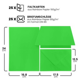 Netuno 25 Folding Cards with Blank Envelopes DIN B6 Cards Rainbow Green Coloured Envelopes with Folding Cards Blank Folding Cards Set with Envelope B6 Blank Cards and Envelopes Green Colour Stationery