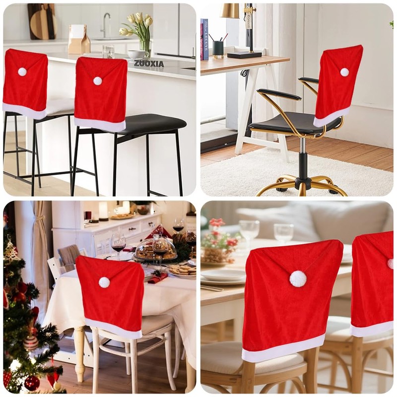 4PCS Velvet Christmas Red Hat Chair Covers Xmas Chair Back